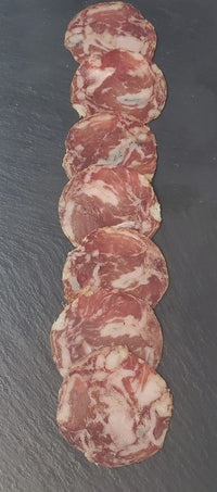 The Hamoneria Acorn-Fed Salchichon Sliced